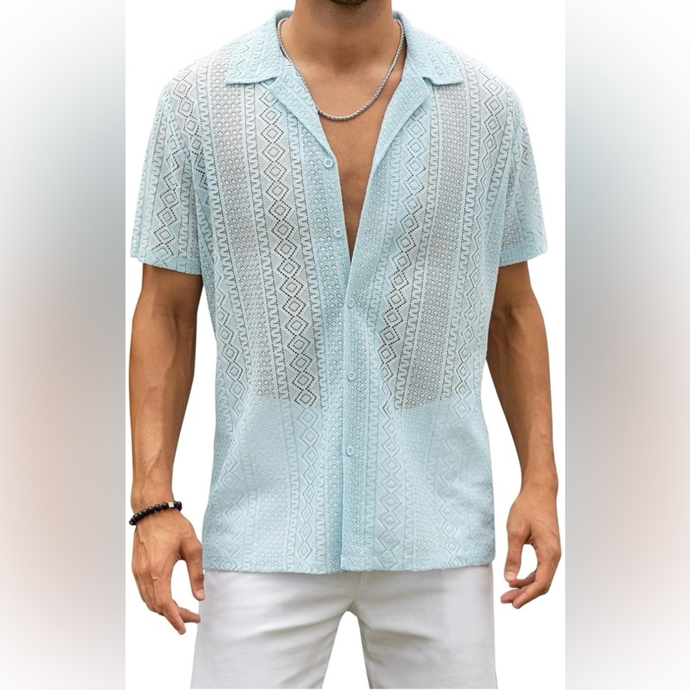 AstoSeu Men’s Lace Button Down Shirt. Slim Fit. Xl